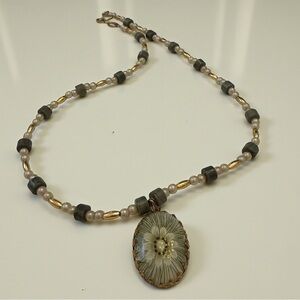 Vintage Feminine Boho Hippie Romantic Beaded Necklace with Floral Pendant